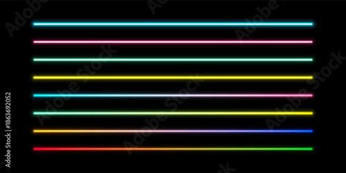 Set of neon led horizontal lines. Rainbow gradient glow of colorful tubes. Warm laser stripes dividers on dark background.