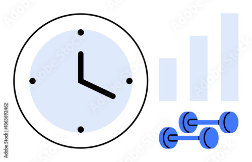 Time management concept. Time management illustrated with clock showing scheduling, dumbbells fitness, and chart progress. For productivity, health, business, wellness, efficiency