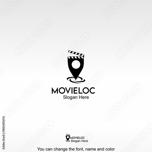 Movie Loc Logo Template Design Vector. A location pin with a clapperboard element representing filming locations, video production, and movie-related services.
