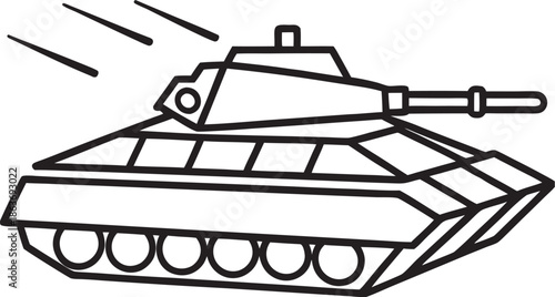 A black and white line drawing of a military tank firing projectiles, symbolizing combat