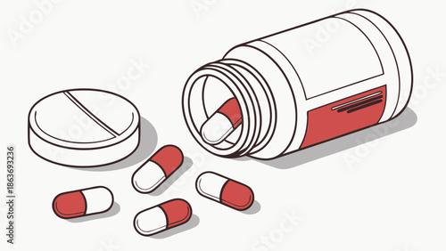 Illustration of a white pill bottle lying on its side with red and white capsules spilling out against a clean white background.