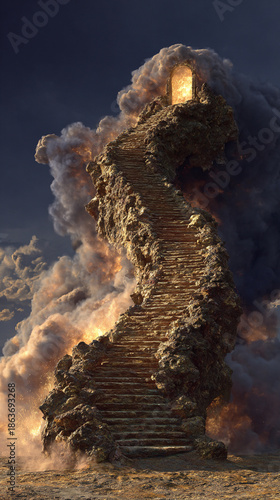 3D rendering of symbolic stairs leading to Heaven and Hell, representing religious choice, moral decision, and spiritual journey in a dramatic and conceptual scene.
