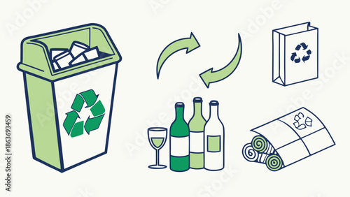 Illustration of recycling process with trash can, bottles, wine glass, and recyclable materials in a simple graphic style with green and white dominant colors.