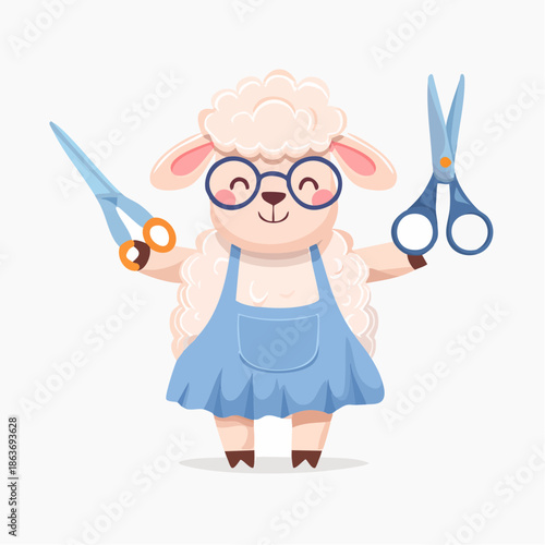 Cartoon Sheep Wearing Glasses and Apron Holding Scissors.