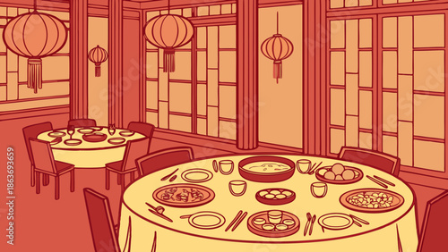 Warmly lit, empty Asian-style restaurant dining room with round tables set for a meal and traditional lanterns hanging from the ceiling.