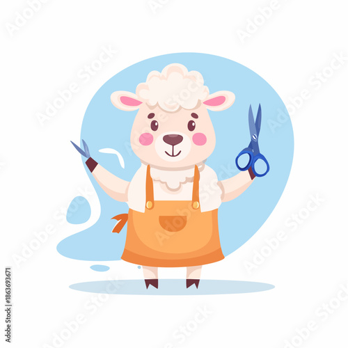 Cartoon Sheep Holding Scissors and Needle.