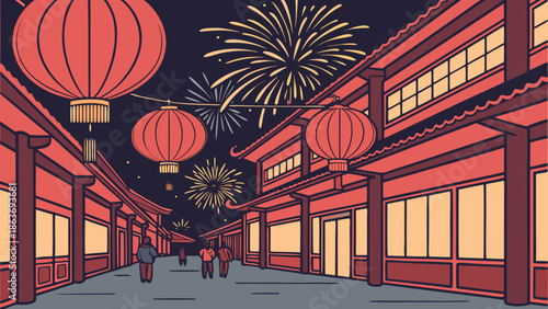 Illustration of a vibrant Chinese street at night with red lanterns, fireworks, and traditional buildings, conveying a festive and celebratory atmosphere.