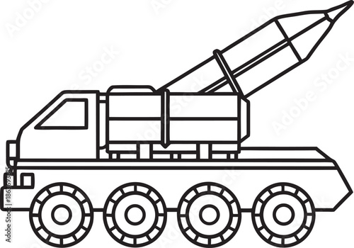 A black and white line drawing of a missile launcher truck with a rocket raised