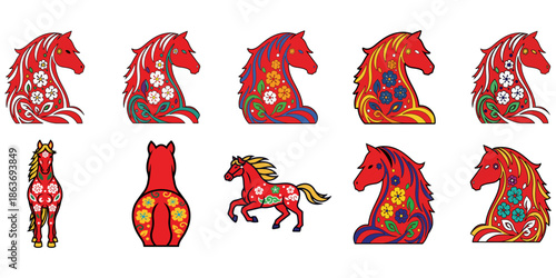 Collection Red Chinese Zodiac Horse Illustration Set