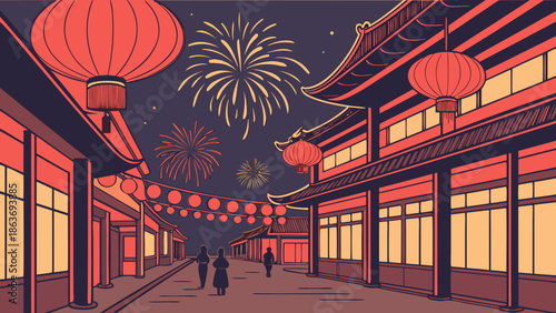 Illustration of a traditional Chinese street at night with red lanterns and fireworks in the sky.
