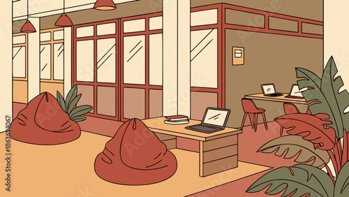 Interior illustration of a modern office lounge with bean bags and laptops on wooden desks near large windows and plants.