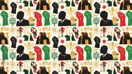 Vibrant illustration of diverse people silhouettes with raised fists in green, red, and black, symbolizing unity and empowerment on cream background with various symbolic