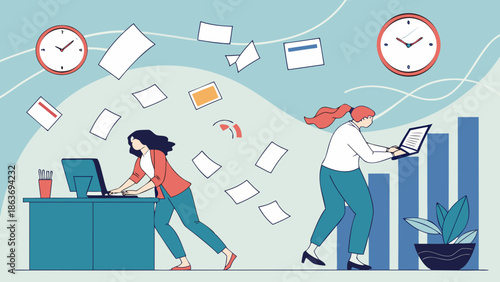 Two businesswomen working at office desks with papers and clocks in the background in a busy and productive mood.