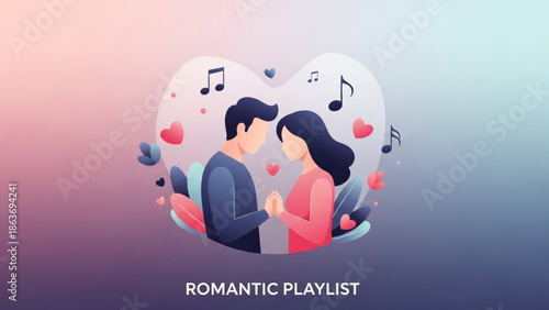 A romantic couple embracing surrounded by heart shapes and music notes on a colorful gradient background with a soft focus with love and relationship