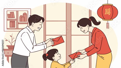 Illustration of a family exchanging red envelopes in a traditional Chinese setting with a warm and festive mood.