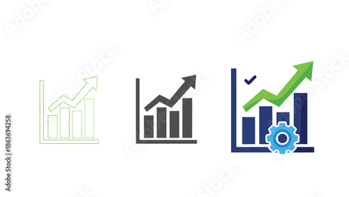 Improvement planning action concept with three stages of growth chart icons outline, solid and color with gear