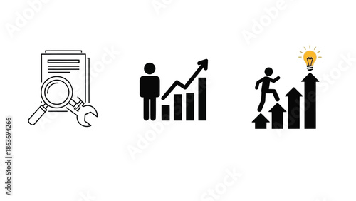 Business process improvement icons set analysis, growth chart silhouette, and planning action with lightbulb idea concept