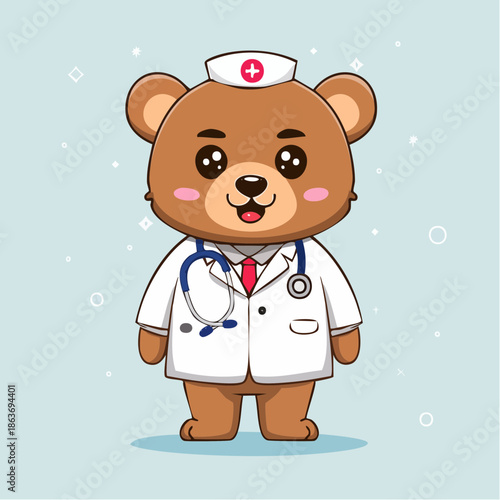 Cartoon bear wearing doctor uniform and stethoscope.