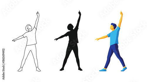 Set of three illustrations of a man doing side stretch exercise outline, silhouette and full color vector graphic