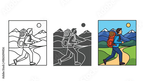 Hiker with large backpack walking a winding path through mountains, vector illustration set in outline, silhouette and color styles