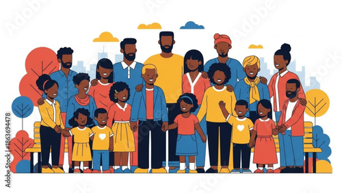 Diverse group of people standing together in a park with trees and benches, a large multiracial community or family with adults and children, a vibrant illustration