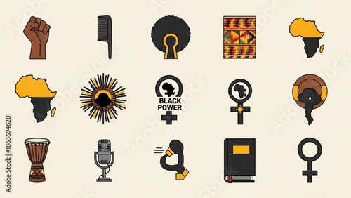 Collection of black power and african cultural symbols and icons including fists, dreadlocks, afro picks, kente cloth, drums, microphones, and feminist symbols on beige