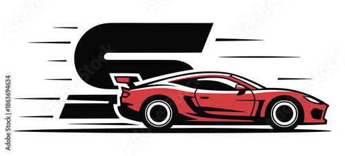 Red sports car races past letter G, symbolizing speed and modern.