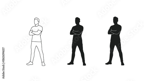 Set of three male figure silhouettes and outlines showing different styles of a standing man with arms crossed