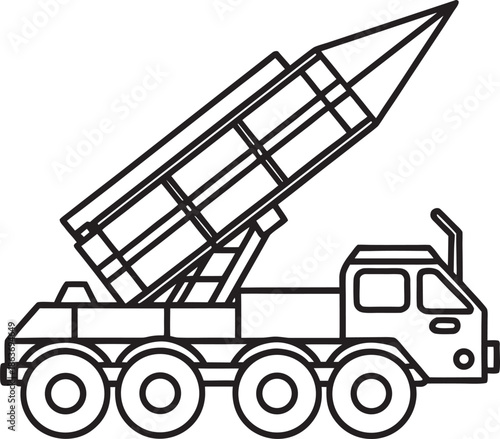 A Line Art Illustration of a Missile Launcher Truck Ready for Action