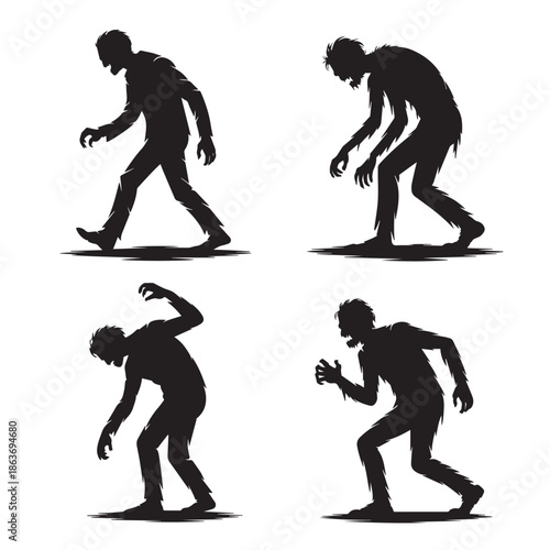 A set of four black silhouette illustrations of a zombie walking in different poses on a white background