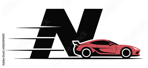 Dynamic illustration of a red sports car accelerating past a bold letter N.