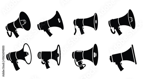 Set of Eight Megaphone Silhouettes - Vector Bullhorn Icons for Protest, Communication, Marketing, and Public Announcements - Black and White Loudspeaker Graphic Elements
