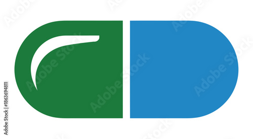 Minimalist graphic icon of a blue and green capsule representing medicine.
