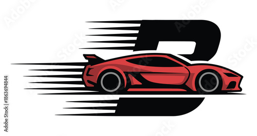 Red sports car logo with dynamic speed lines, perfect for fast automotive.