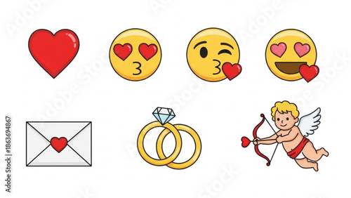 Valentine's day icons including hearts, emojis, cherub, rings, and letter with heart, symbolizing love and affection in digital communication