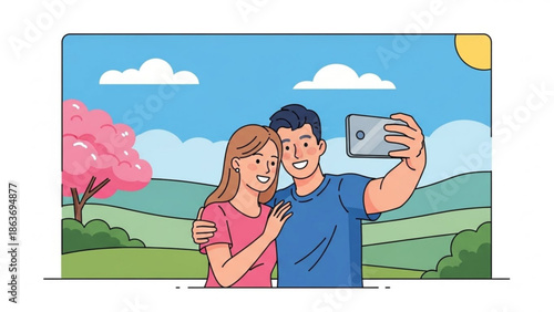 Young couple taking selfie in beautiful landscape with green hills, blue sky and pink tree, happy and smiling, sunny day, outdoor, romantic, love, togetherness