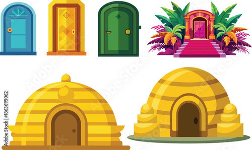 Colorful cartoon doors and igloos on white background
