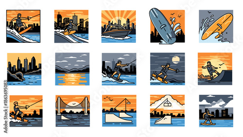 Dynamic urban skyboarding and city adventure scenes in vibrant retro colors