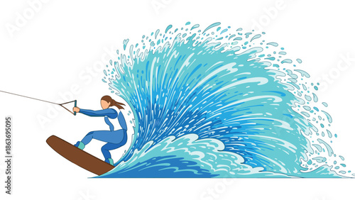 Dynamic wakeboarding adventure with splashing waves in minimalist style