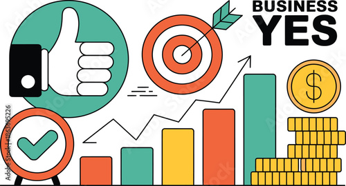 A graphic illustration of business success with a thumbs up, target, and growing bar chart