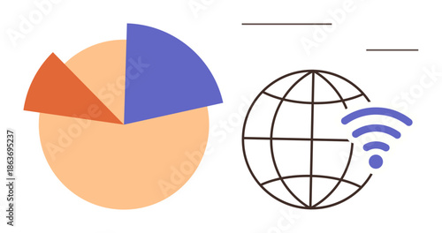 Data analytics, global communication, technology trends, internet services, wireless connectivity, visual data insights. Pie chart and globe with wireless symbol. Data analytics and global