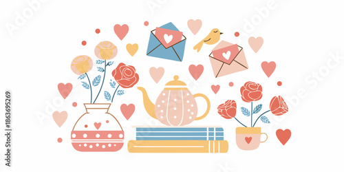 A charming illustration featuring roses hearts a teapot and love letters
