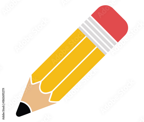 Yellow wooden pencil with pink eraser stands ready for drawing or writing.