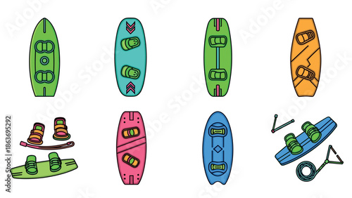 Colorful wakeboards and equipment in cartoon style with top view on white background