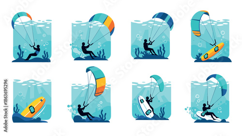 Silhouette kiteboarding adventure: vibrant ocean scenes with dynamic movements