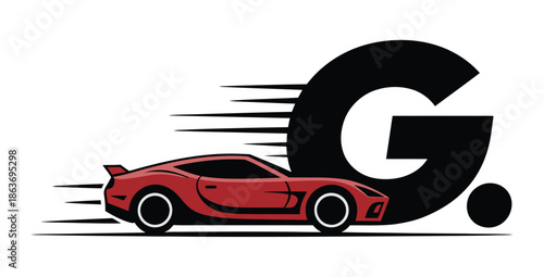 Red sports car logo concept moves quickly past large black letter G.