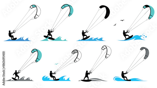 Dynamic kiteboarding silhouettes: series of thrilling water sport scenes