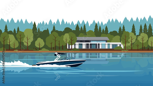 Scenic lake with speedboat and modern house among lush forest trees