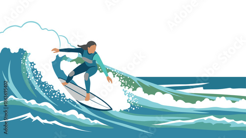 Surfer riding ocean wave in minimalist style