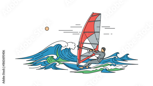 Dynamic surfing adventure with sail on ocean waves